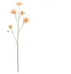 Showcases five delicate peach blossoms with lifelike green buds on a slender brown branch