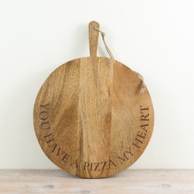 a charming rustic mango wood pizza serving board with engraved pun