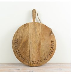 rustic round pizza board engraved with a charming pun