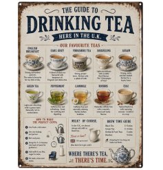 Bring a warm and inviting feel to your space with this vibrant metal tea guide sign