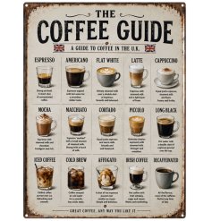 Enhance your kitchen with this lively, colourful coffee guide metal sign