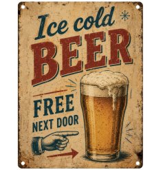 Bring a cheeky splash of colour and humour to your home bar with this lively metal beer sign