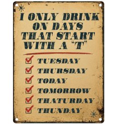 Bring a splash of fun to your home bar with this vibrant, witty metal sign