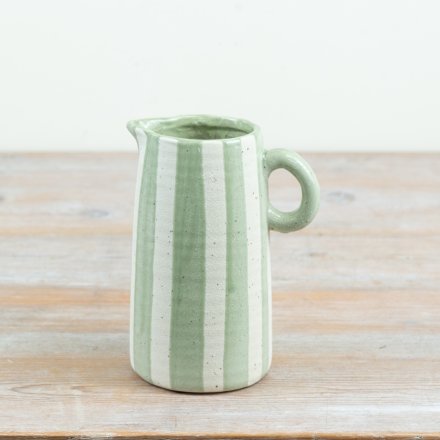 Sage Green Stripped Jug Vase, 17cm 