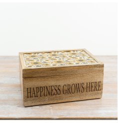 Charming rustic wooden box with sunflower enamel cover perfect for trinkets and memories