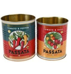 Two rustic metal storage tins by REX featuring a delightful Passata motif