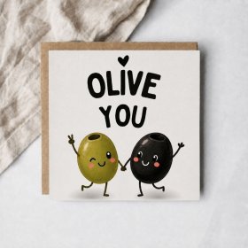 A delightful olive-themed greeting card bursting with charm
