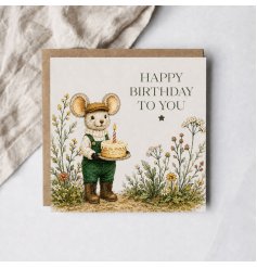 Charming 'Happy Birthday to You' card with a storybook countryside mouse illustration
