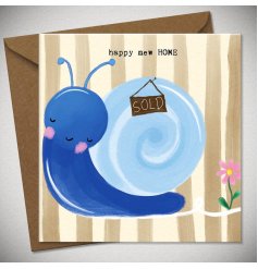A playful and delightful card showcasing a blue snail carrying a ‘SOLD’ sign on its shell