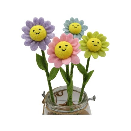 Delightful plush flower with a joyful face, offered in four vibrant colours