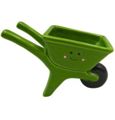 Add charm to your garden with this adorable ceramic wheel barrow planter featuring a cheerful face.