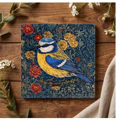 Protect surfaces in style with this charming Blue Tit ceramic coaster