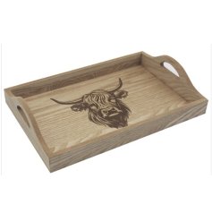 rustic ash wood serving tray adorned with an elegant highland cow engraving