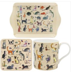 a delightful mug and coaster set adorned with charming kitty cat illustrations