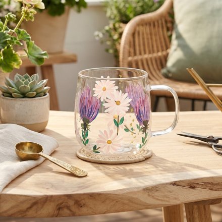 Thistles & Daisies Clear Glass Mug, 13cm