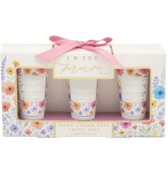 This is a lovely "I Love You Mum" Hand Cream Trio gift set by Lesser & Pavey