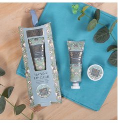 Scented hand cream and lip balm set in a charming floral gift box