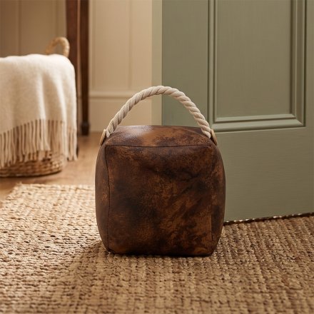 Faux Leather Square Doorstop with Handle, 15cm 