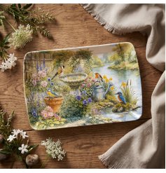 Delightful small tray featuring intricate garden bird illustrations perfect for home accents