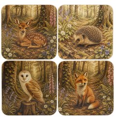 Add a decorative layer of rustic elegance to your home with these durable, artfully illustrated wildlife coasters.