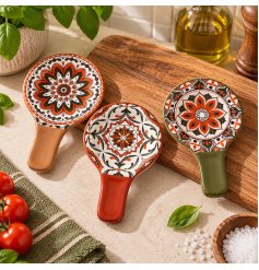 Stylish and useful spoon rests featuring vibrant Tuscan motifs