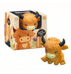 A delightful, stretchable Highland cow toy ideal for play and easing stress