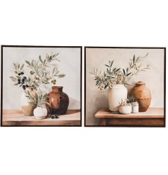 Elegant wall art featuring olive branches in earthy-toned vases for a timeless touch