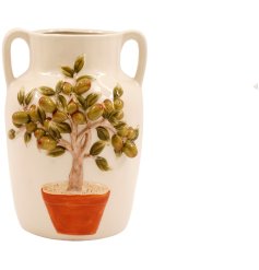 Elegant ceramic vase featuring a charming olive tree design and practical handles.