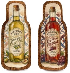 Charming enamal platter featuring vintage-style oil and vinegar bottles, perfect for rustic table settings