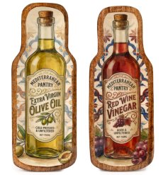 Charming enamel platter featuring vintage oil and vinegar bottle artwork