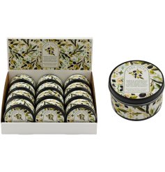 Experience the cosy, gentle glow of our petite Casa Oliva tin candle