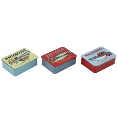 Charming tinned fish-themed push pull lids in vibrant colours