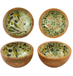 Charming ceramic bowl with vibrant olive leaf design and natural wood accents