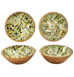 Charming enamelled bowl featuring vibrant olive branch and floral designs