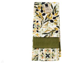 Set of three beautifully crafted Casa Oliva tea towels for a chic and practical kitchen update