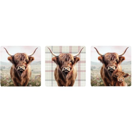 3/A Spring Highland Cow Coaster, 10cm 
