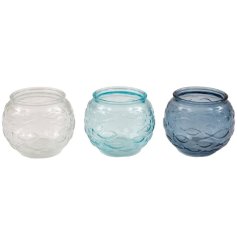 Charming glass T/light holder featuring an embossed fish design in three elegant colours