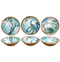 A stunning bowl inspired by the sea, featuring vibrant marine motifs and a wooden rim.