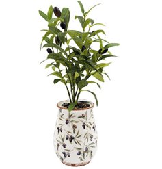 Elegant olive branch décor in a sleek ceramic pot with intricate leaf and olive accents