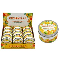 Delightful citronella tin candle that brightens outdoor areas while keeping insects away