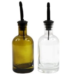 Elegant glass oil bottle perfect for culinary and tabletop use.