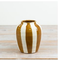 A glossy, hand-finished vase with charmingly irregular vertical stripes