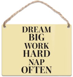 Infuse any room with wit and inspiration using this delightful mini metal hanging sign