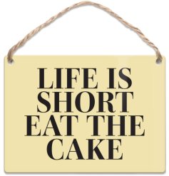 Bring a playful vibe to your kitchen or dining area with this witty metal dangler sign