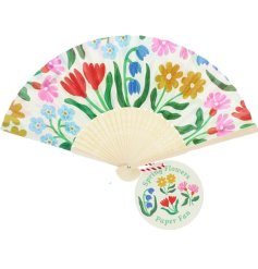Elegant floral hand fan made from recycled paper, ideal for sunny days and special events