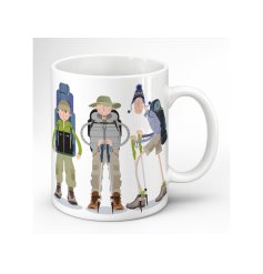 A cheerful walking-themed mug featuring three colourful illustrated hikers