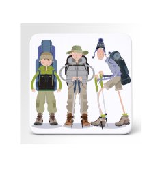 A cheerful walking-themed design featuring three colourful hikers