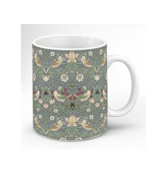 A heritage-inspired design of birds, strawberries and flowers on a slate-blue ground